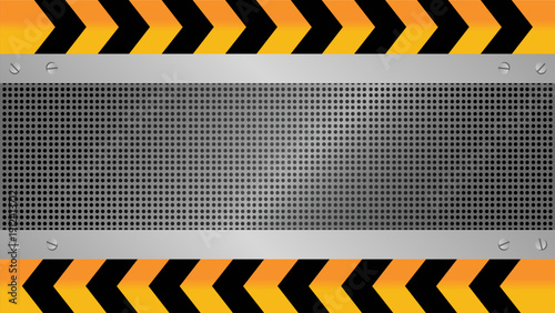 Grunge perforated metal plate framed by yellow and black hazard stripes with steel borders and screws. Illustration vector