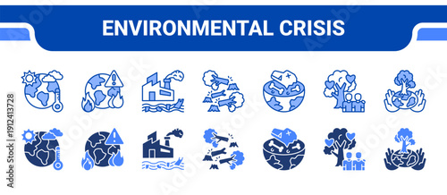 Environmental Crisis Icon Collection,  featuring Climate, Crisis, Pollution, Destruction, Extinction, Humanity, Responsibility.
