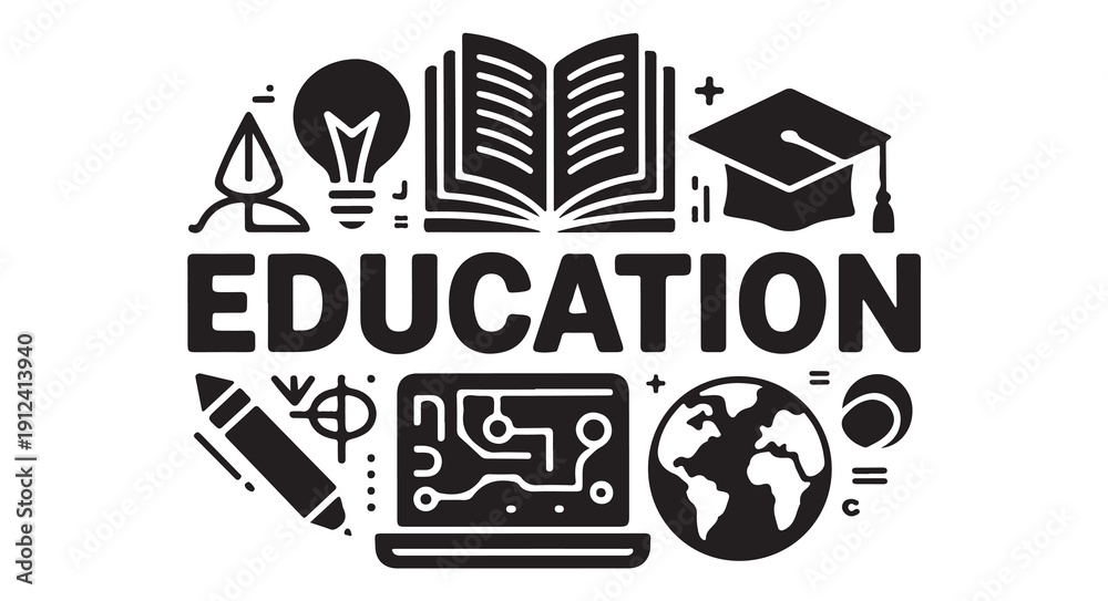 Fototapeta premium Modern education banner with digital learning icons and academic school supplies in vector set