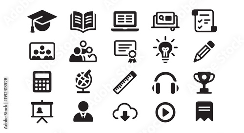 Education and training icons set including school supplies graduation cap and digital symbols