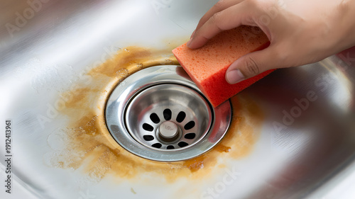 A hand holding a sponge cleaning a dirty sink with brown stains