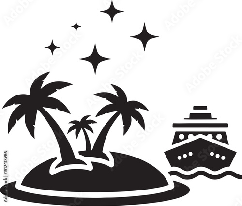 Black silhouette of tropical island with palm trees and cruise ship on wavy water boat