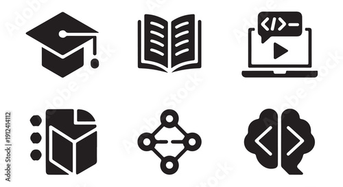 Educational technology symbols with programming brain and geometric data visualization icons