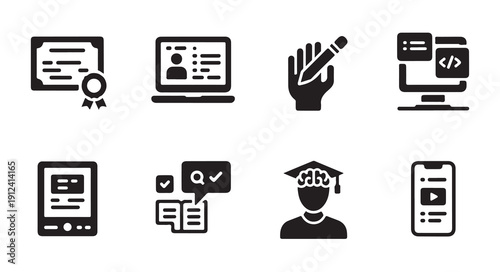 E-learning and education icon set. online study, distant learning, and academic concepts