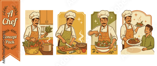 Set of 4 Retro Vector Illustrations of a Professional Chef Preparing a Healthy Plant-Based Meal with Fresh Vegetables, Chopping Ingredients, Dressing Salad, and Serving a Customer in a Restaurant
