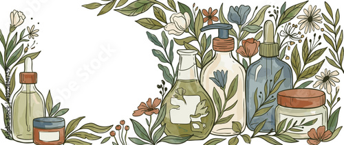 Panoramic vector banner illustration of natural beauty and skincare products featuring glass bottles, jars, droppers, and botanical leaves. Organic cosmetic background with copy space for spa.