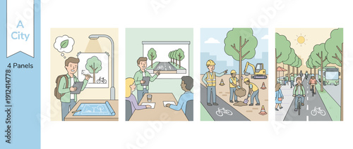 Set of 4 vector illustrations showing the urban planning process for a sustainable city, from initial sketches and design meetings to construction and the final green street with bike lanes.