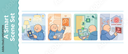 Set of four vector illustrations of a person using smart home technology to control lighting, adjust the thermostat, monitor security cameras, and arm the alarm system for safety and comfort.