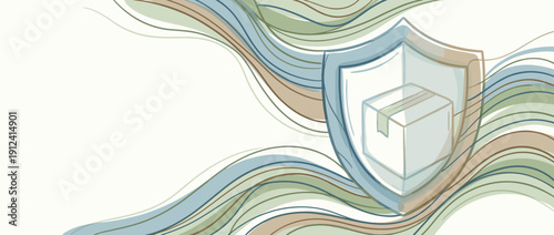 Panoramic Vector Illustration of Shipping Insurance Concept with a Protective Shield Guarding a Delivery Box on a Stylized Wavy Background for Logistics, E-commerce, and Secure Package Delivery