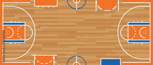 Top view basketball court panoramic vector illustration with wooden parquet texture, orange and blue markings, three-point lines, and central copy space for sports marketing and web design.
