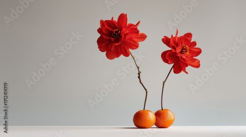 Two small orange citrus fruits serve as makeshift vases supporting vibrant red dahlias with lush layered petals against 