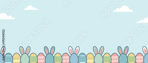 Panoramic Easter Vector Banner Featuring a Flat Illustration Pattern of Colorful Striped Eggs and Cute Bunny Ears Against a Light Blue Sky with Clouds, Ideal for Spring Holiday Web Headers.