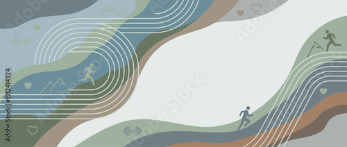 Modern Abstract Fitness Motivation Banner with Running Silhouettes, Track Lines, and Exercise Icons. Panoramic Vector Illustration for Sports, Health, Wellness, and Active Lifestyle Backgrounds.