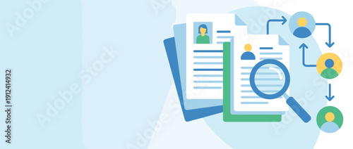Panoramic vector banner illustration of a human resources recruitment process featuring resume documents, a magnifying glass for candidate screening, and people icons in a professional workflow.
