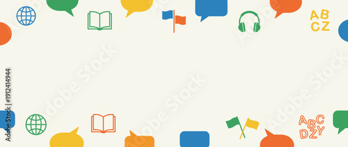 Panoramic Vector Banner Illustration for Language Learning and Education Featuring Colorful Speech Bubbles, Globe, Book, Flags, Headphones, and Alphabet Icons on a Minimalist Background with Copy