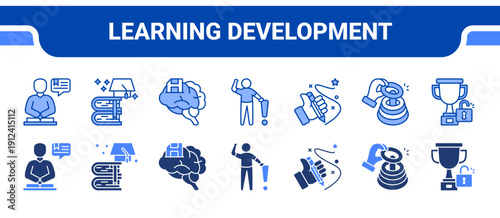 Learning Development Icon Collection,  featuring Learning, Education, Memory, Attention, Writing, Abilities, Achievement.