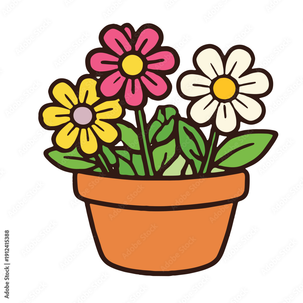 Fototapeta premium Colorful flower potted plant cartoon green leaf cheerful spring simple illustration