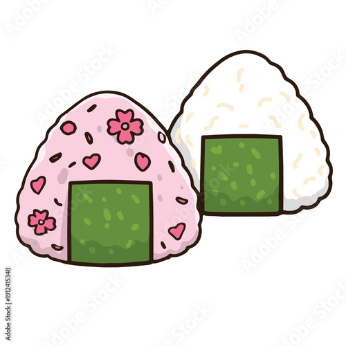 Cute pink and white onigiri with seaweed, decorated with cherry blossom and heart, Japanese snack