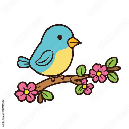Blue bird yellow belly cartoon branch pink flower spring cute cheerful