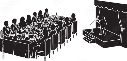 Black and white of people at a banquet table and a speaker on stage dinner presentation