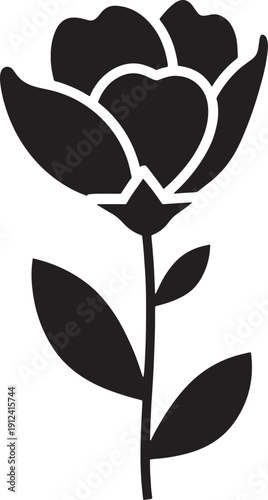 Black and white silhouette of a rose flower with stem and leaves bloom