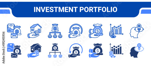 Investment Portfolio Icon Collection,  featuring Portfolio, Assets, Diversify, Roi, Capital, Bar graph, Savvy.