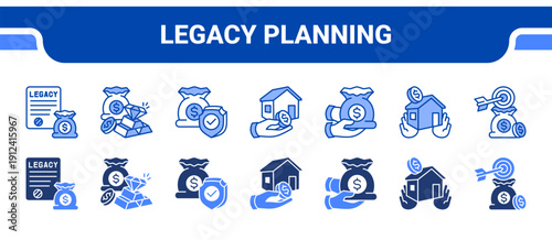 Legacy Planning Icon Collection,  featuring Legacy, Wealth, Security, Assets, Capital, Real estate, Goals.