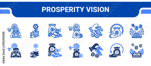 Prosperity Vision Icon Collection,  featuring Vision, Prosperity, Wealth, Goals, Strategy, Roi, Financial freedom.