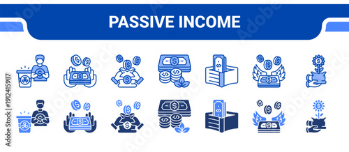 Passive Income Icon Collection,  featuring Residual, Earnings, Income, Cash, Wallet, Financial freedom, Prosperity.