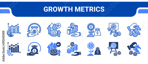 Growth Metrics Icon Collection,  featuring Bar graph, Roi, Gains, Profit, Money growth, Target, Strategy.