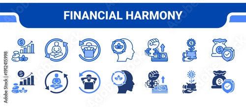 Financial Harmony Icon Collection,  featuring Zen, Tranquil, Relaxed, Serene, Freedom, Prosperity, Security.