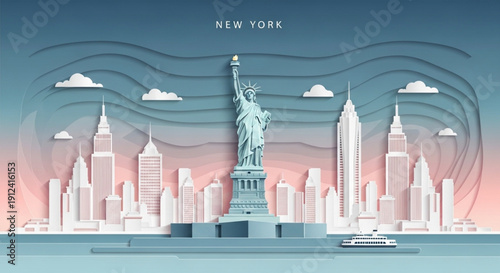 Comprehensive paper-style panorama of New York City featuring the Statue of Liberty, Empire State Building, and a ferry on the water.