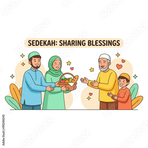 Flat vector illustration of Muslim people sharing sadaqah by giving food to others. Represents kindness, charity, and Islamic values of sharing blessings.
