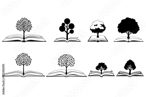 Book with Sprouting Tree Silhouette – Education, Nature, and Idea Vector Illustration