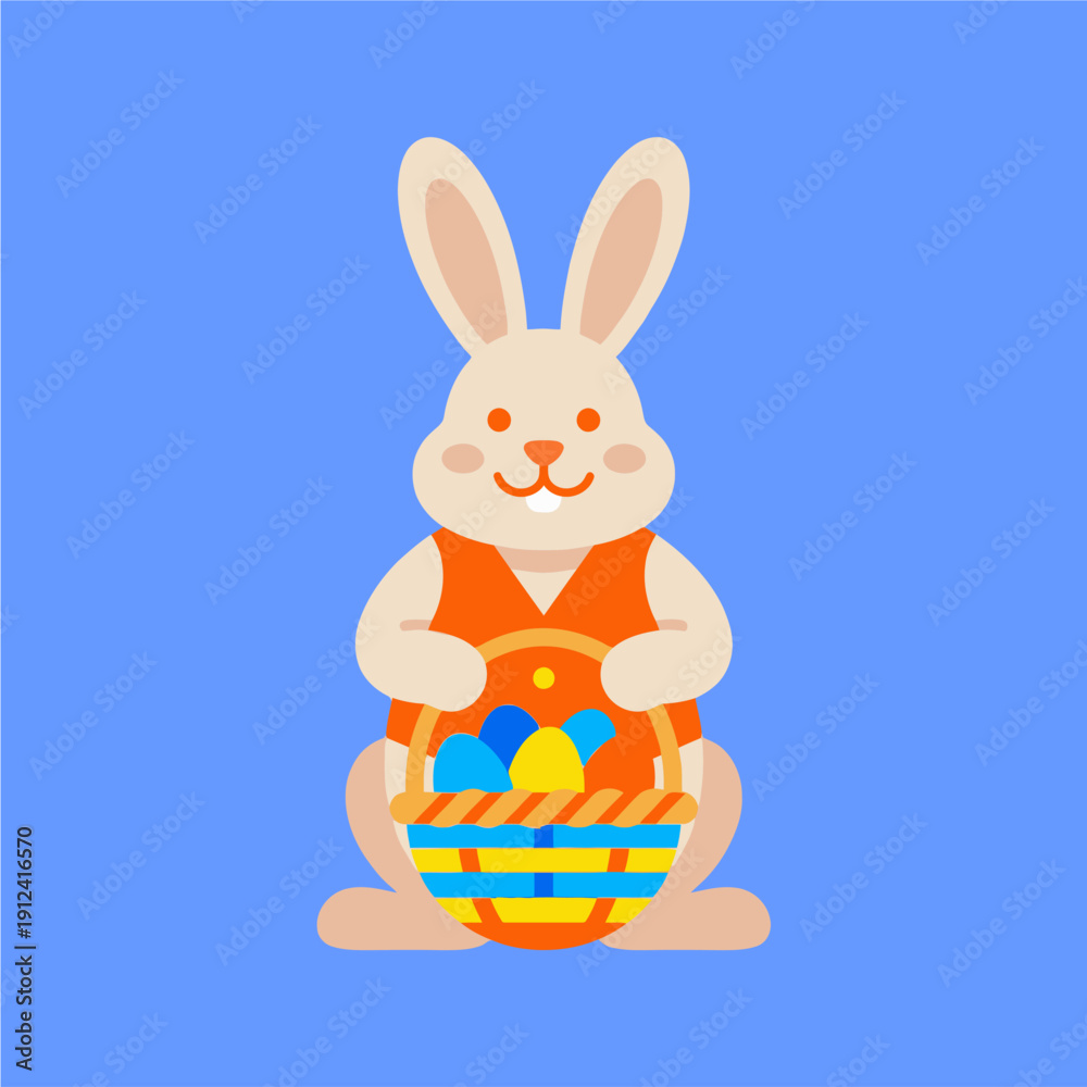 Obraz premium Cute cartoon easter bunny holding colorful eggs in spring holiday illustration