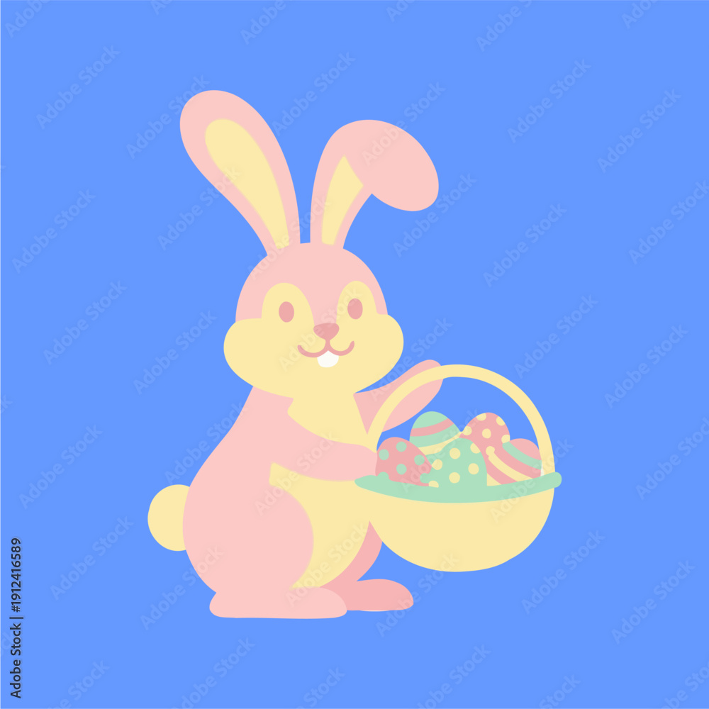 Fototapeta premium Cute cartoon easter bunny holding colorful easter eggs in a happy spring holiday illustration