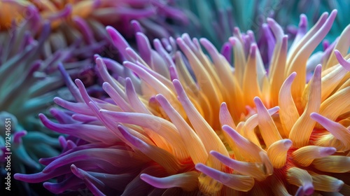 Close-up vibrant colorful sea anemone