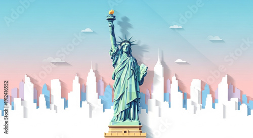 A layered paper-style illustration featuring the Statue of Liberty in the foreground with the New York City skyline silhouette and a pastel sunset background.