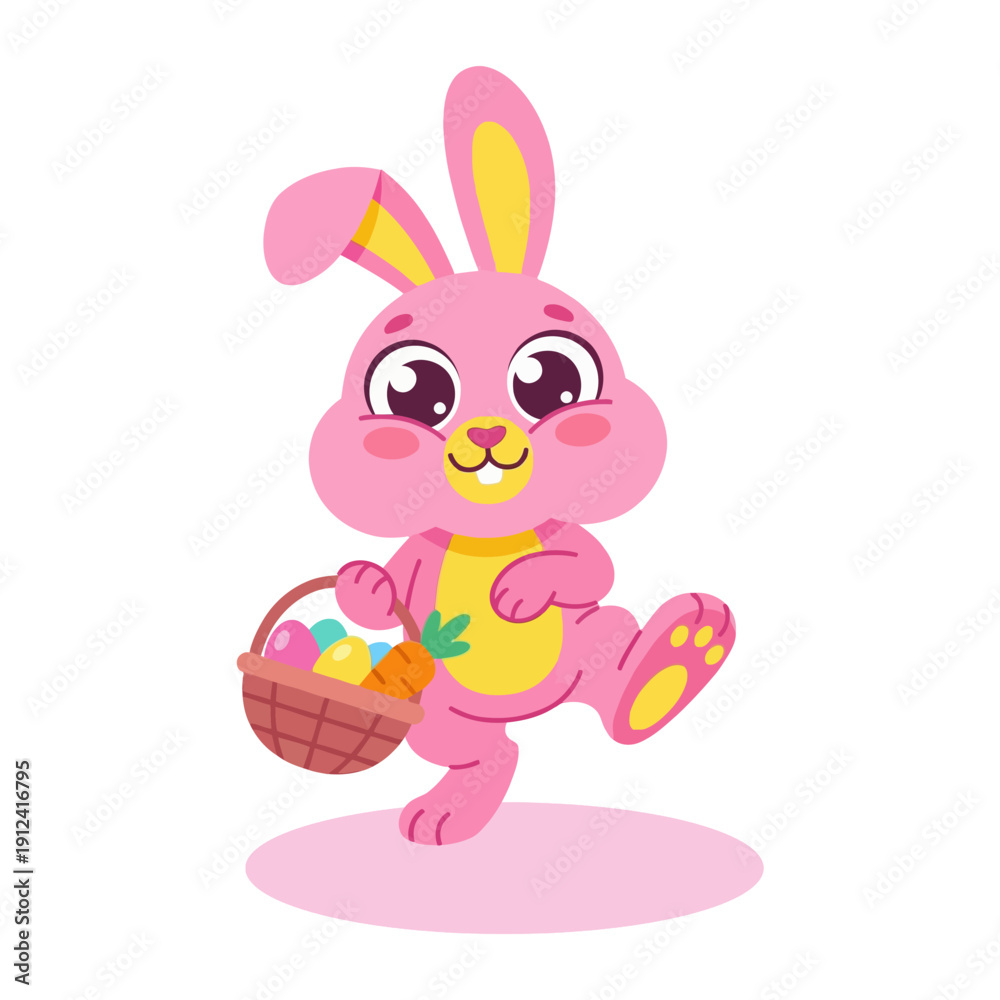 Obraz premium Cute cartoon easter bunny holding colorful eggs in a happy holiday illustration