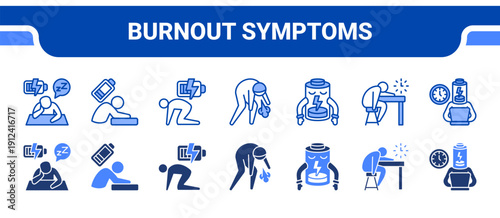 Burnout Symptoms Icon Collection,  featuring Weariness, Lethargy, Fatigue, Drained, Low energy, Sluggish, Exhausted.