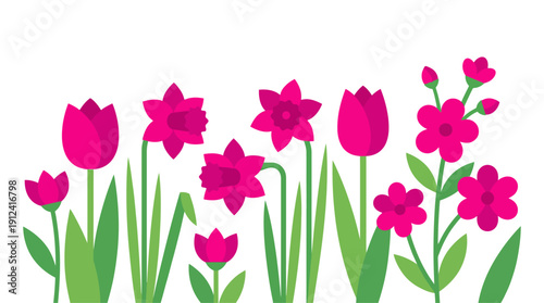 Flat vector illustration of colorful spring flowers with green leaves on a white background. Perfect for floral designs, nature themes, and seasonal decorations.
