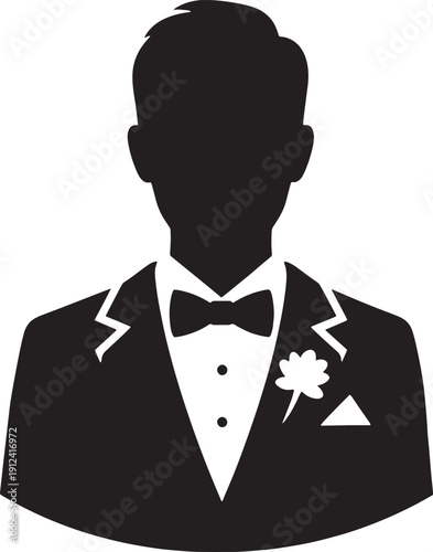 Black silhouette of a man in a tuxedo with bow tie and boutonniere
