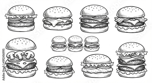 Hand-Drawn Sketch Collection of Various Burgers Classic Hamburgers, Cheeseburgers, Mushroom Burgers, Bacon Burgers, and Mini Sliders Line Art