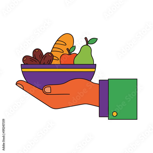 Flat vector illustration of Muslim people sharing sadaqah by giving food to others. Represents kindness, charity, and Islamic values of sharing blessings.