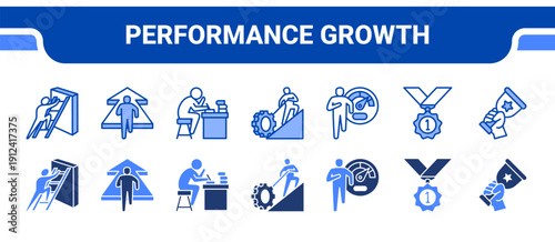 Performance Growth Icon Collection,  featuring Action, Progress, Hard work, Effort, Performance, Achievement, Success.