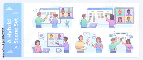 Hybrid Team Sprint Planning Vector Illustration Set: Remote and Office Employees Collaborating on Agile Project Management, Kanban Boards, Video Calls, and Celebrating Successful Sprint Goals.