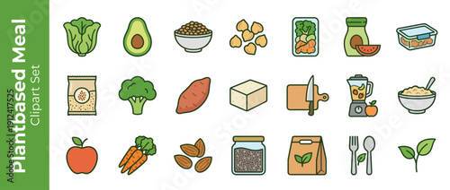 Plant-Based Meal Prep and Healthy Vegan Ingredients Icon Set Featuring Avocado, Broccoli, Tofu, Carrots, Grains, Seeds, and Kitchen Tools for Vegetarian Cooking, Diet Planning, and Nutrition