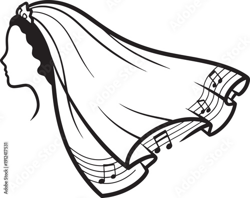 Black Silhouette of a Woman's Head with Flowing Veil and Musical Notes profile