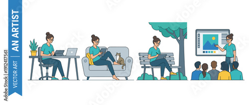 Set of 4 vector illustrations of a female artist creating digital art on a tablet in various settings: at a desk, on a sofa with a cat, on a park bench, and presenting her work to an audience.