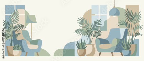 Panoramic Vector Illustration of a Calm Therapy Room with Comfortable Armchairs, Lush Potted Plants, Soft Lighting, and Abstract Geometric Shapes in a Minimalist Pastel Color Palette with Copy Space